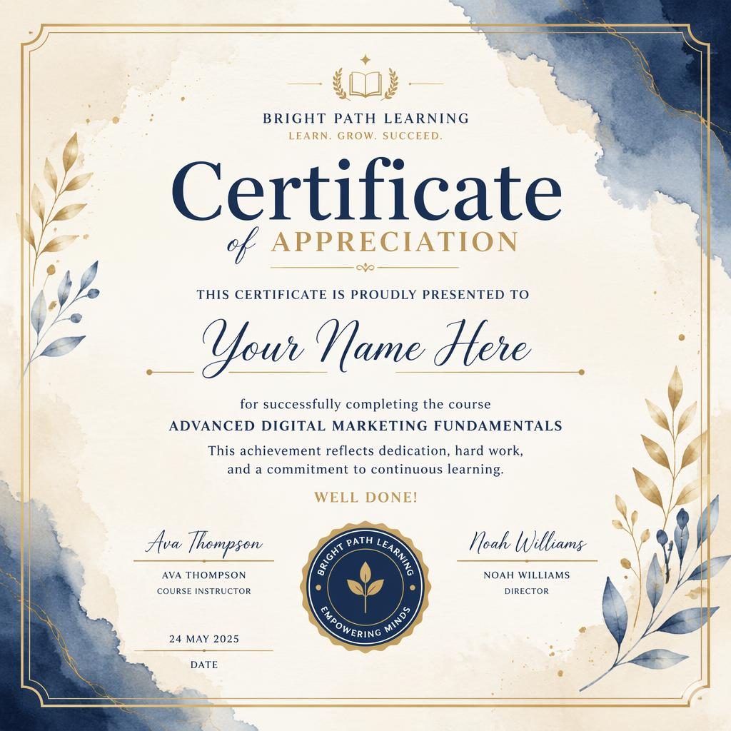 Landscape A4 appreciation certificate template in cream, gold, and navy with watercolor styling, thin border, signature lines.