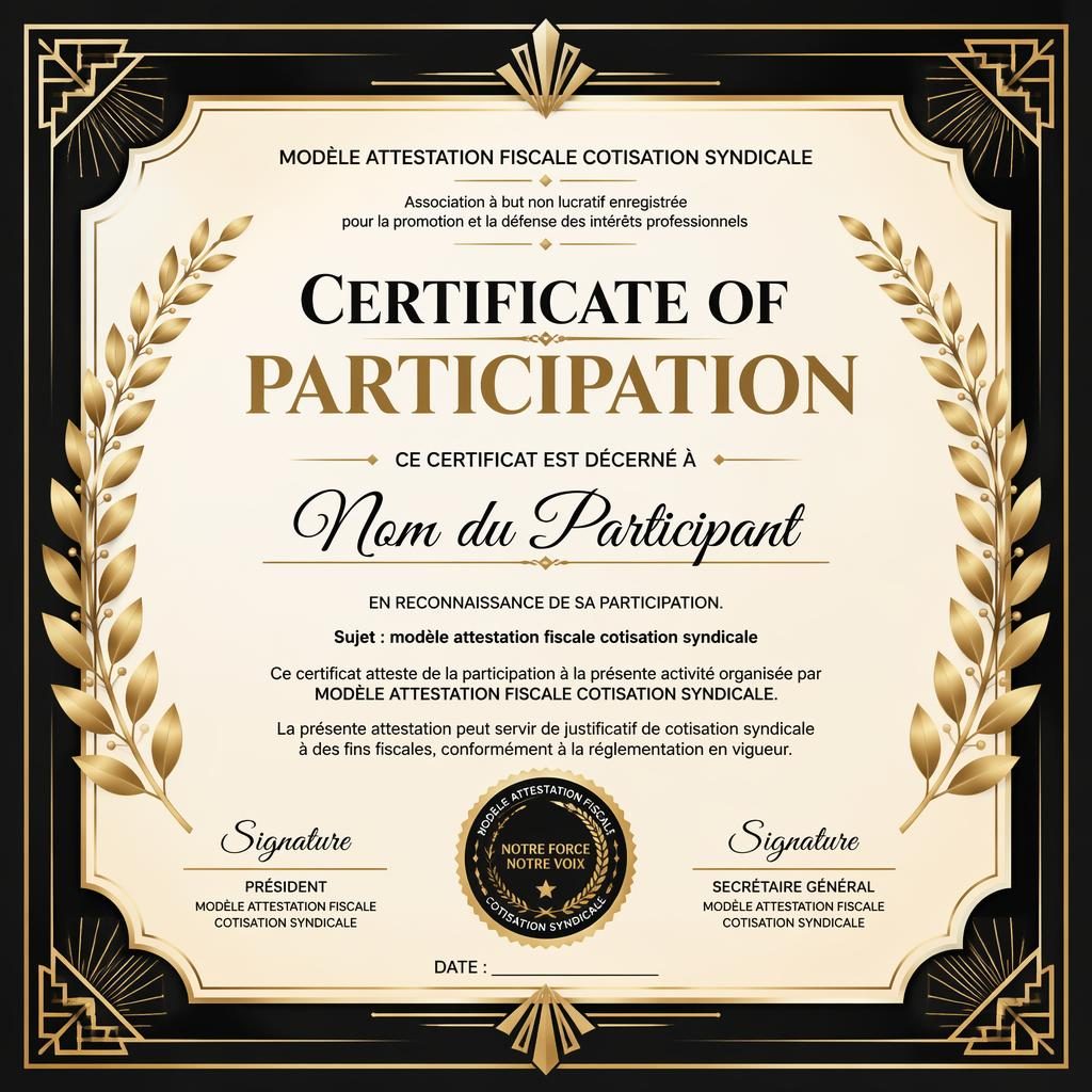 Certificat de participation A4 paysage, style art déco noir et or, bordure de laurier, lignes de signature et sceau.