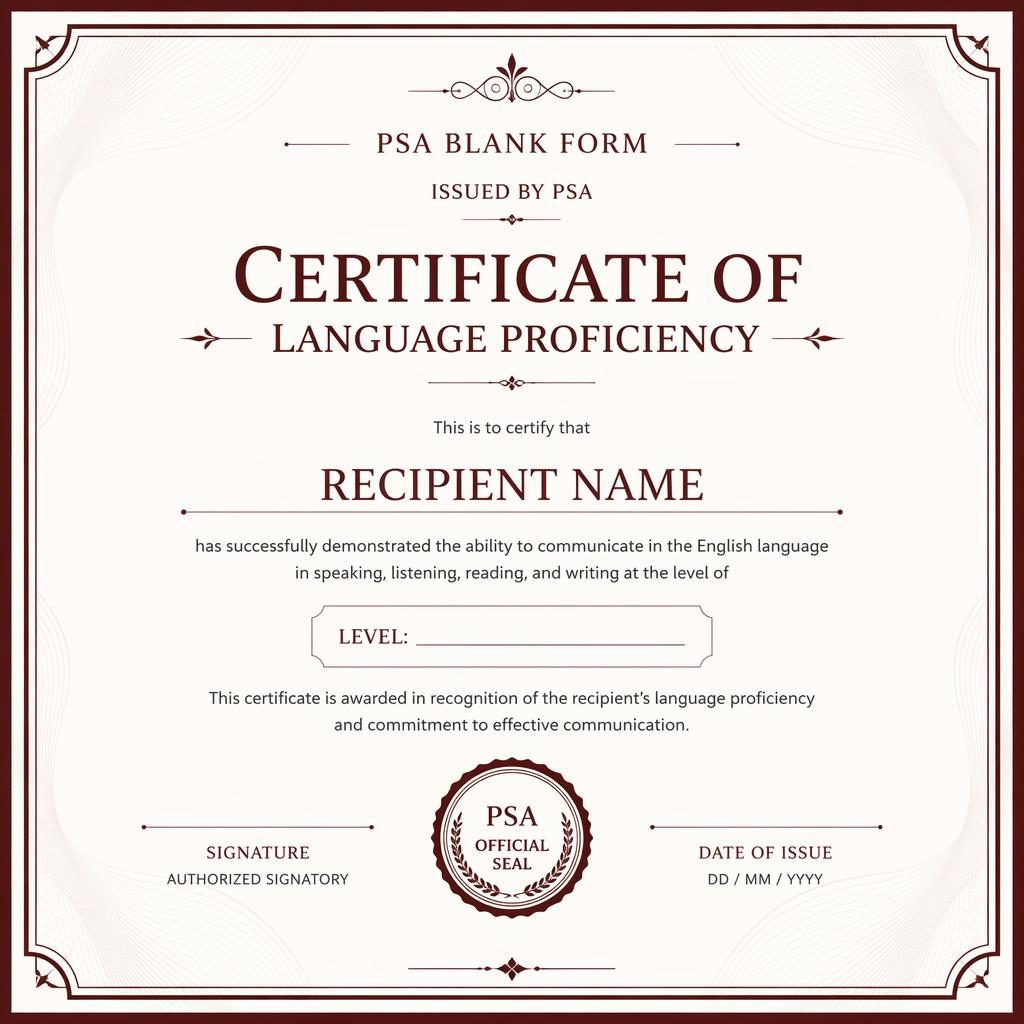 Modern minimal landscape A4 language proficiency certificate template with burgundy double-line border, heading, name, signature lines, date, and seal.
