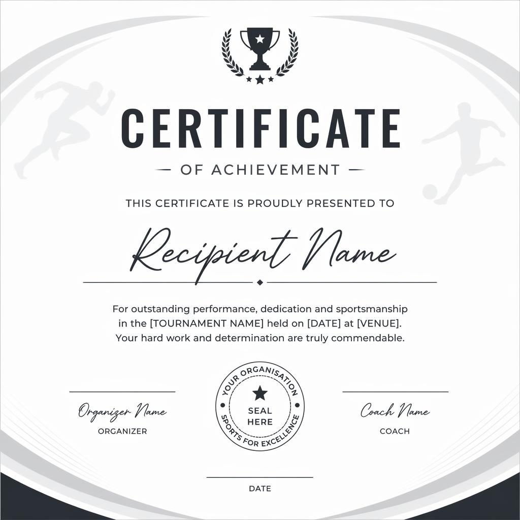 Modèle de certificat sportif A4 paysage, design minimal monochrome, titre central, nom, texte, signatures et date.