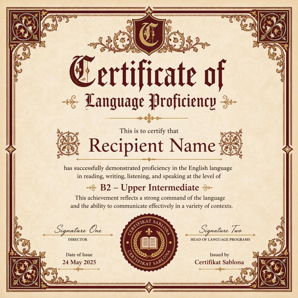 Středověká šablona jazykového certifikátu v bordó barvách s dvojitým rámečkem, nadpisem, podpisy a pečetí.
