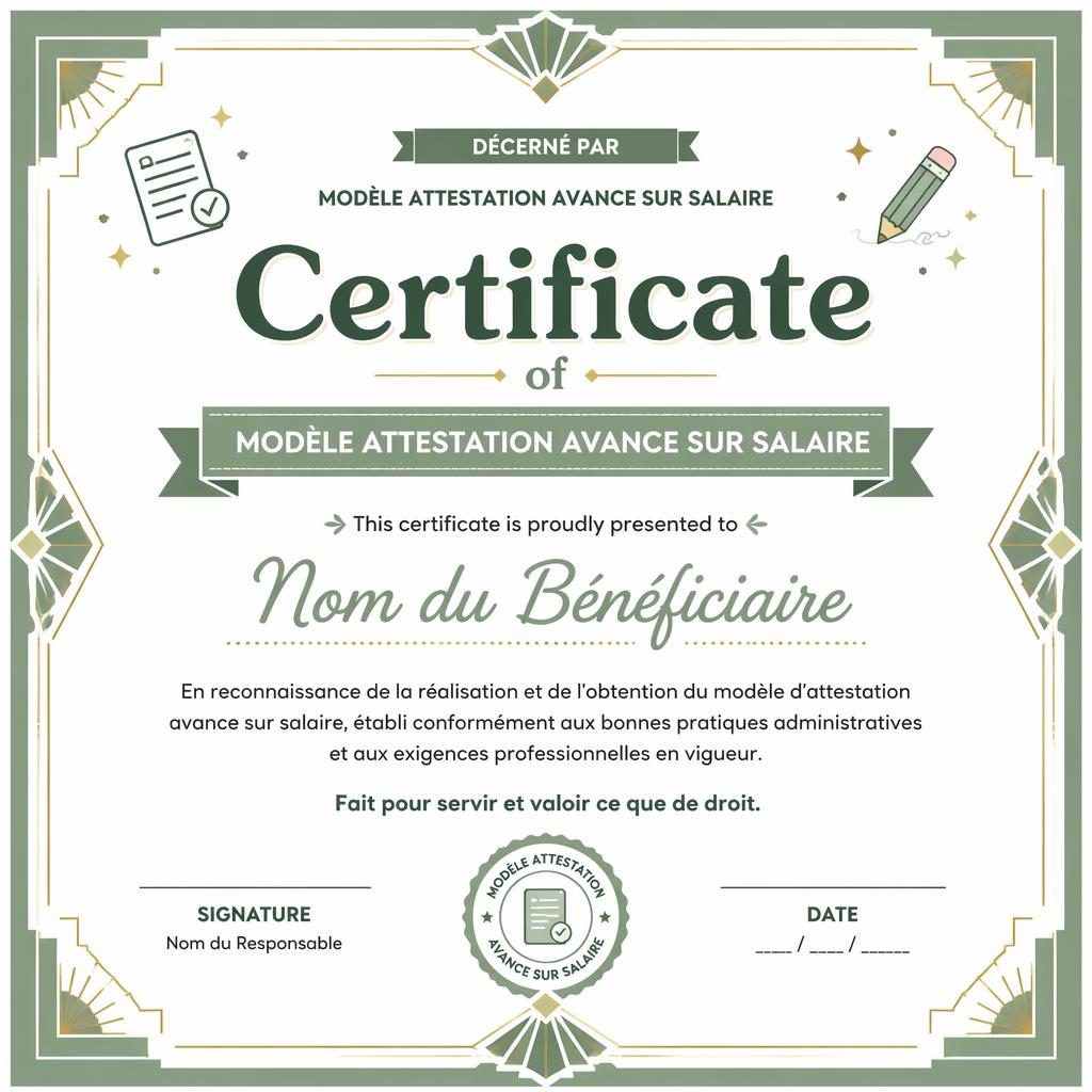 Modèle de certificat A4 paysage blanc et vert sauge, bordure art déco, titre central, lignes de signature et sceau.
