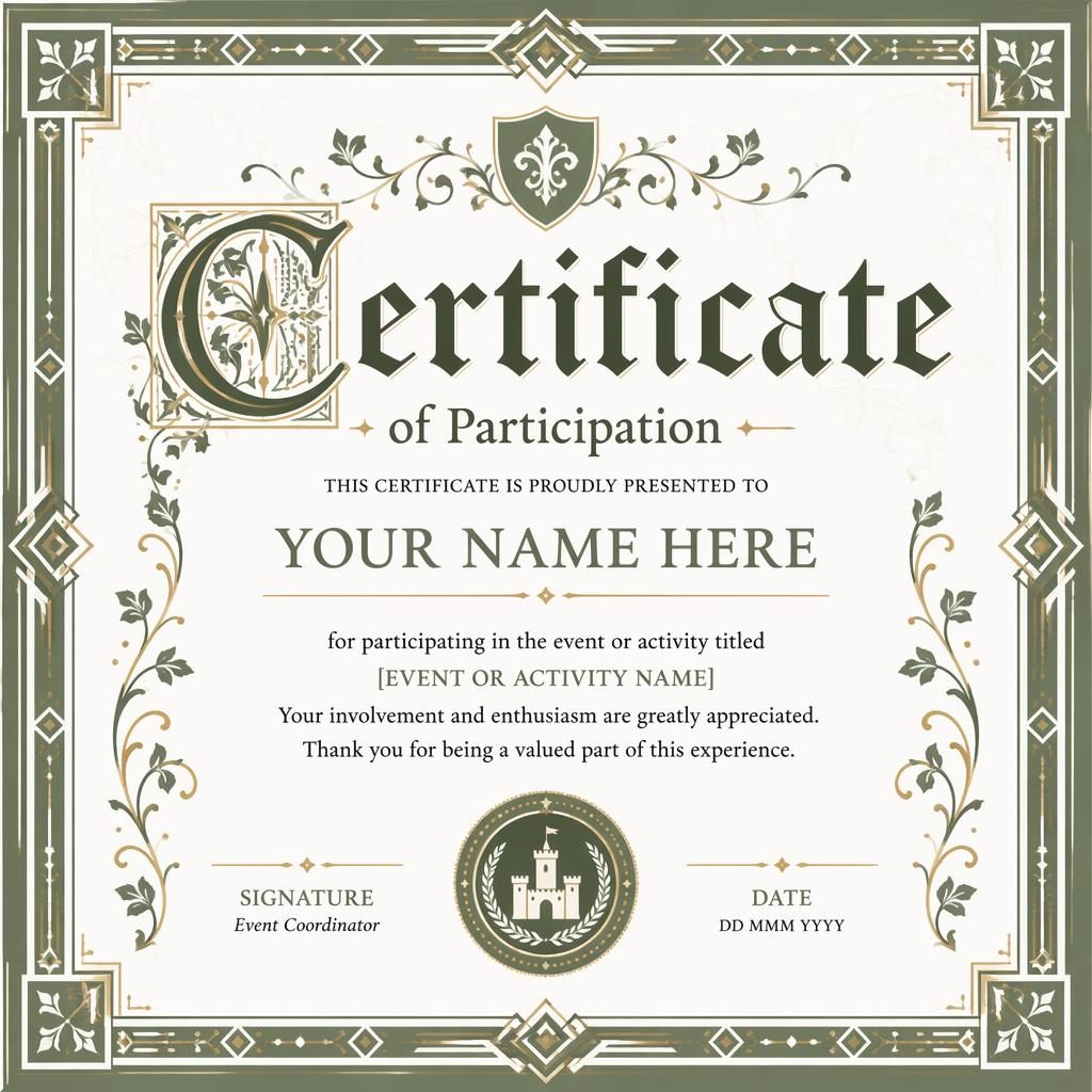 Landscape A4 certificate template with medieval illuminated and art deco border in white and sage, heading, name, signature lines, date, and seal.