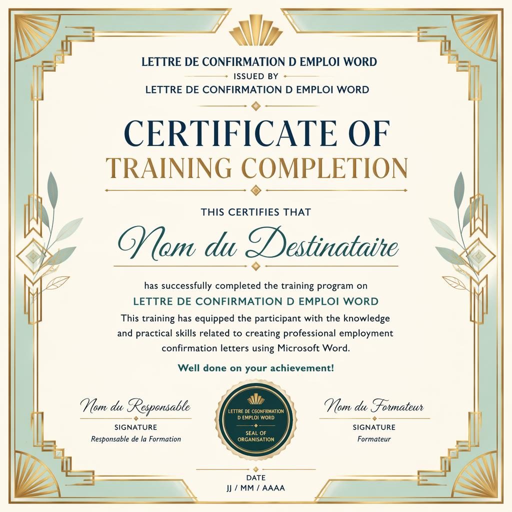 Modèle de certificat de formation Art déco, format A4 paysage, bordure dorée ornementale, tons pastel, signature et sceau