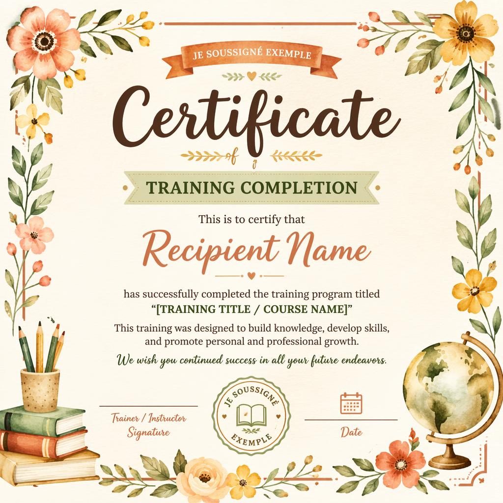 Modèle de certificat A4 paysage, bordure florale aquarelle, palette terre chaude, titre central et lignes de signature.