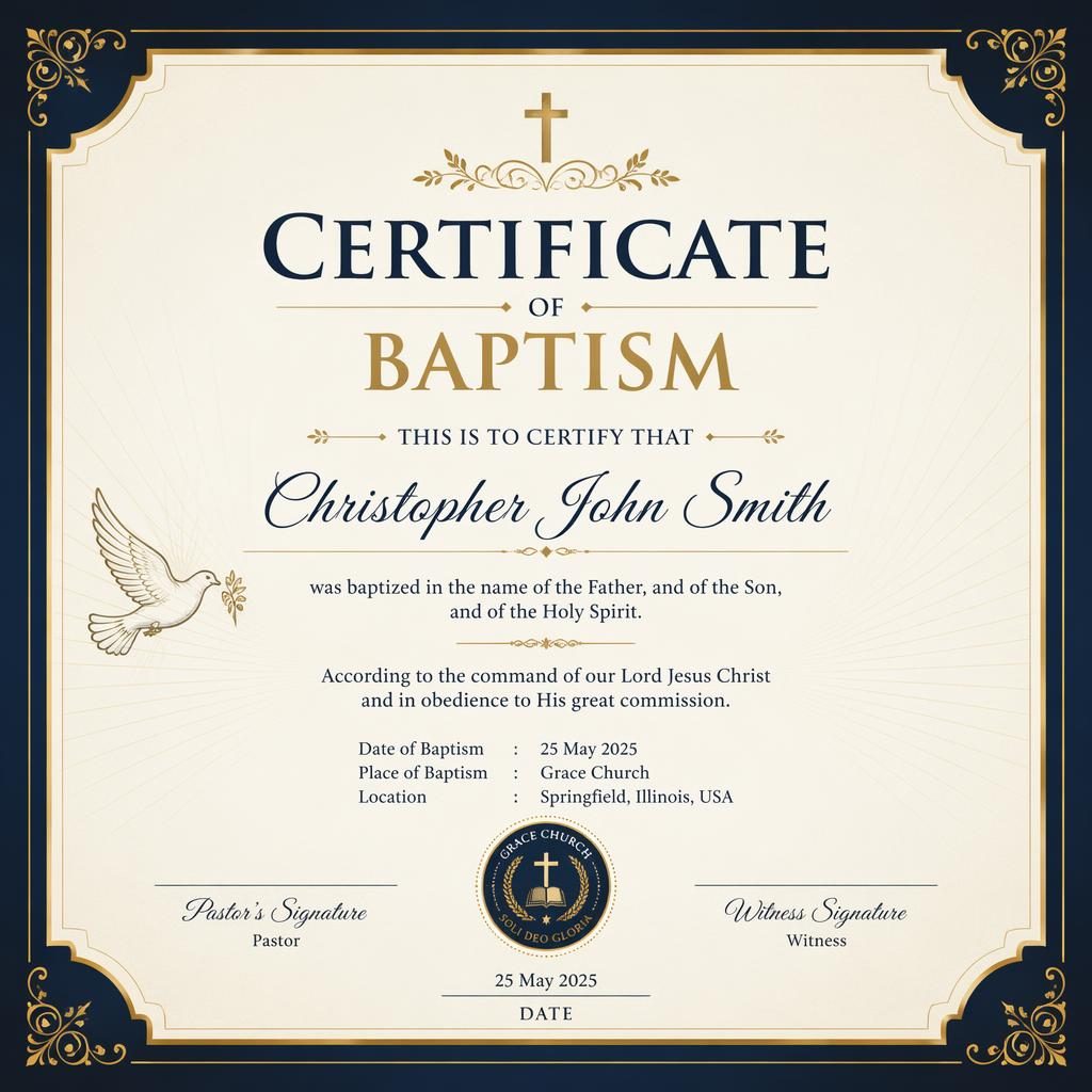 Luxury landscape A4 baptism certificate template in English with black, gold, cream, and navy design and signature lines