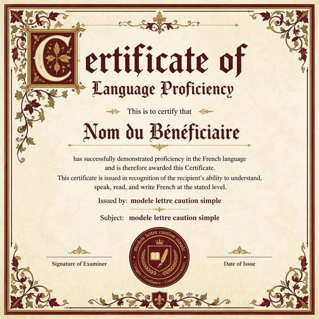 Modèle de certificat A4 paysage style enluminé médiéval, bordure bordeaux, titre central, signature, date et sceau.