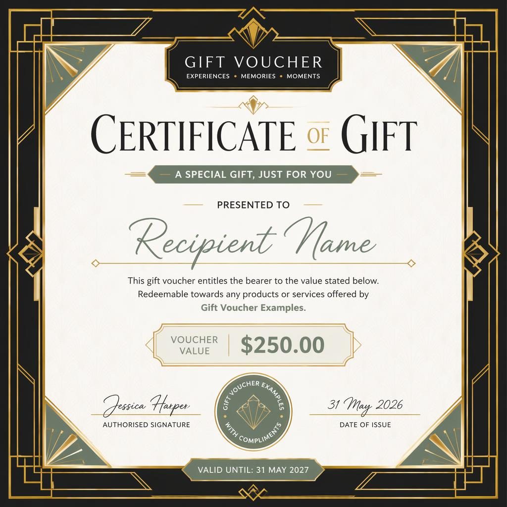 Luxury landscape A4 gift voucher certificate template with art deco border, sharp text, signature lines, date, and seal