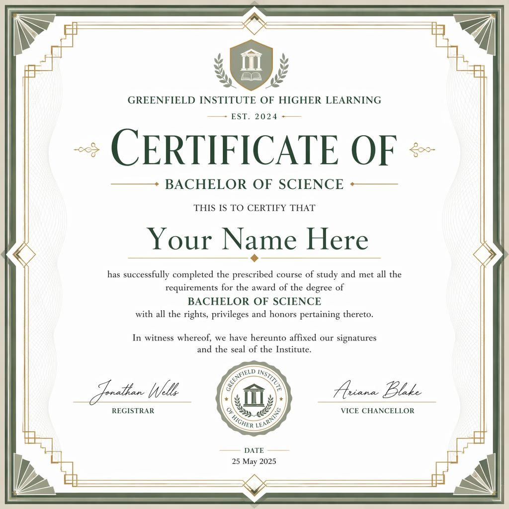 Landscape A4 certificate template with ornate Art Deco border in white and sage, centered heading, recipient text, signature lines, date, and seal.