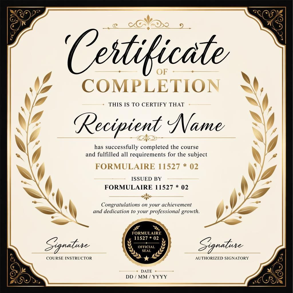 Modèle de certificat de fin de formation A4 paysage, noir et or, bordure de laurier, style lettrage manuel.