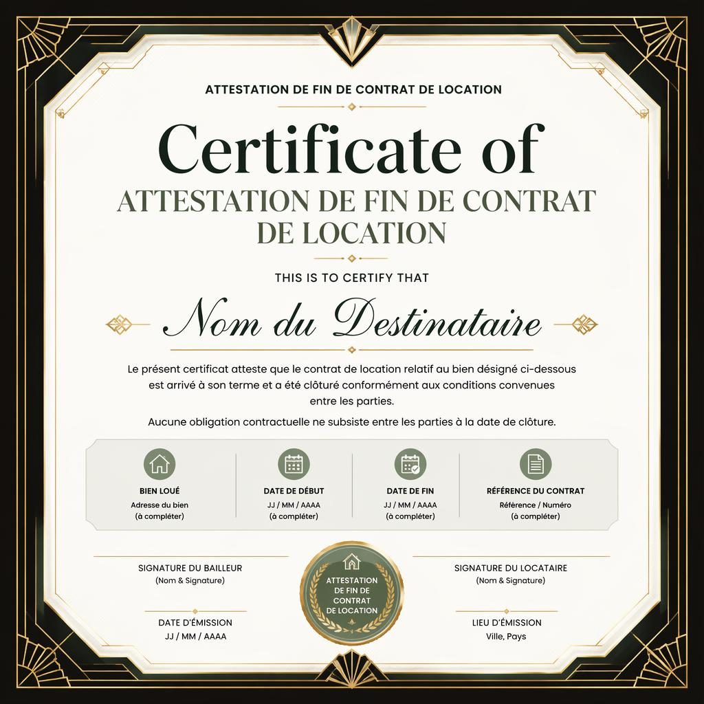 Modèle de certificat paysage A4 noir, or, blanc et sauge, avec bordure art déco, titre central et lignes de signature.
