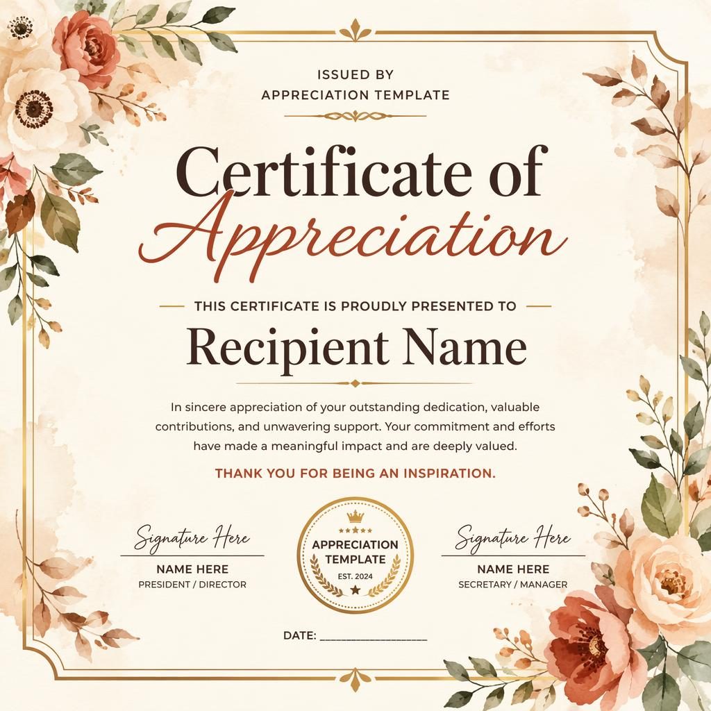 Landscape A4 membership certificate template with floral watercolor border, recipient name, signature lines, date, and seal.
