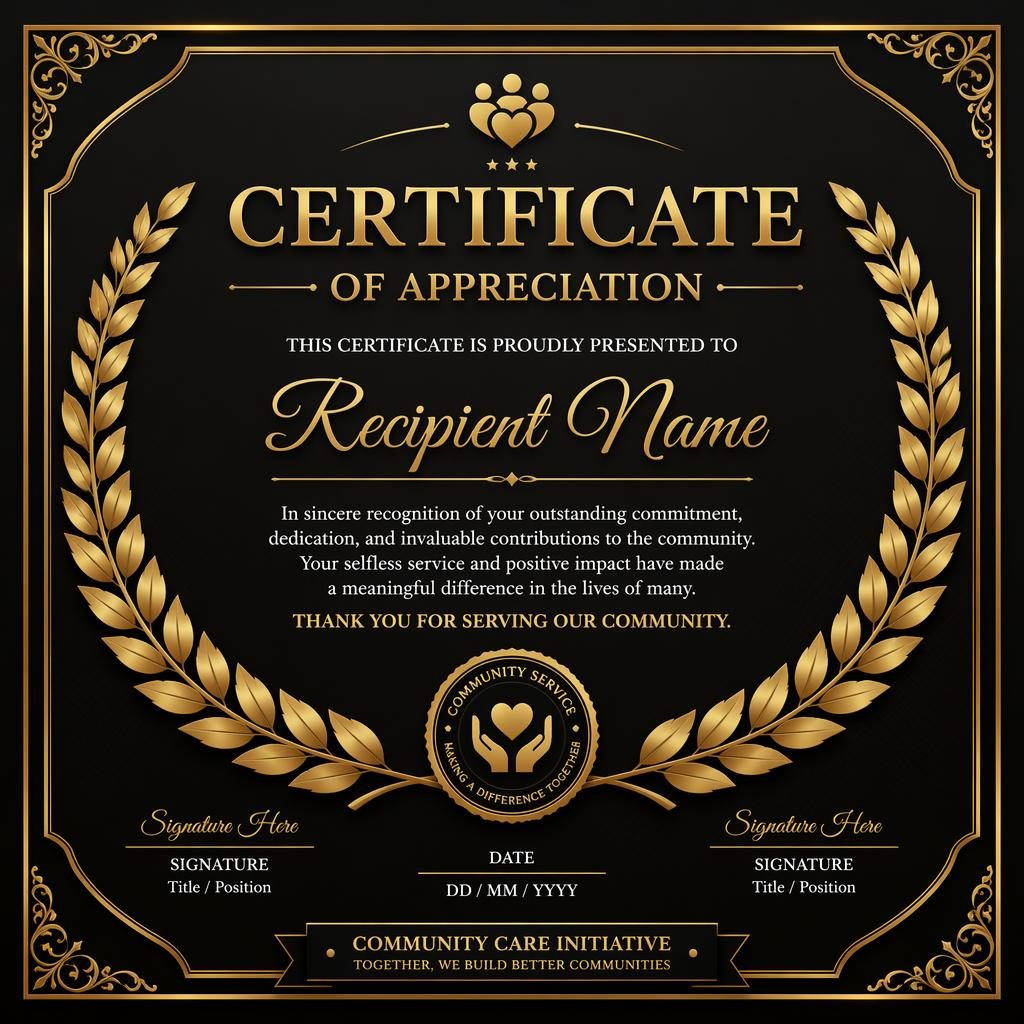 Luxury black and gold landscape certificate template with laurel border, heading, recipient name, signature lines, date and seal.