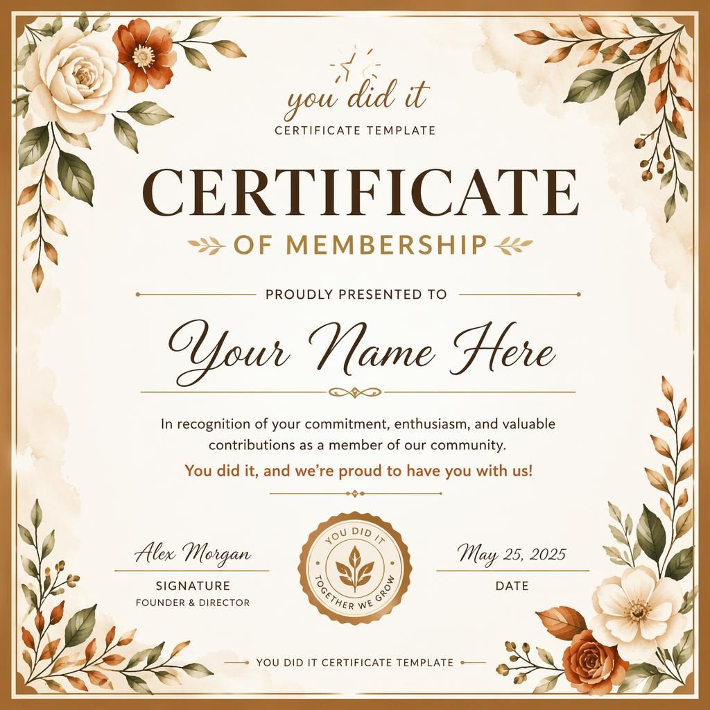 Landscape A4 membership certificate template with watercolor floral border, warm earth tones, heading, name, body text, signatures
