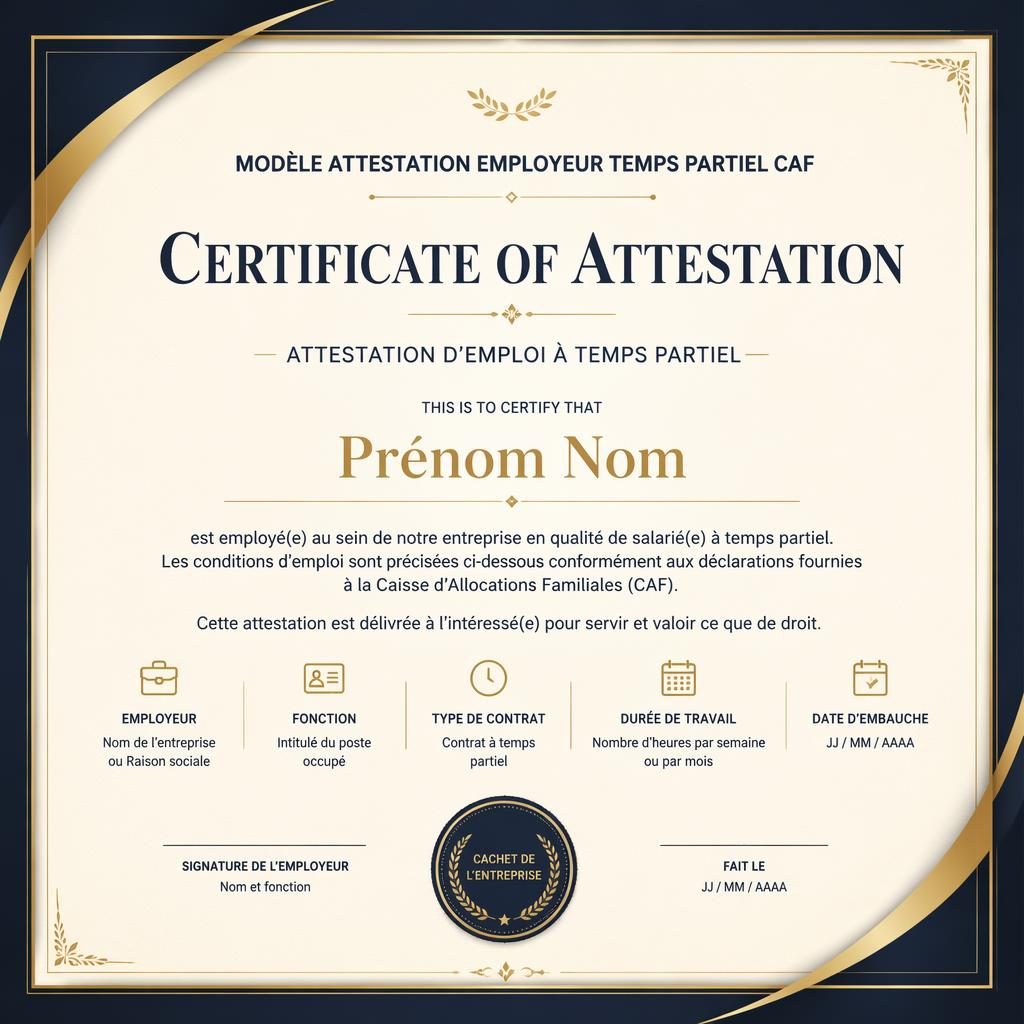 Modèle de certificat paysage A4 noir, or, crème et bleu marine avec bord fin, titre centré, lignes de signature et sceau.