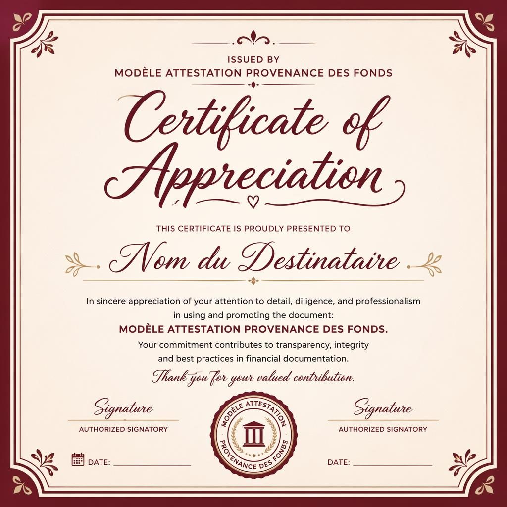 Modèle de certificat A4 paysage bordeaux avec bordure classique, titre central, zones nom, signature, date et sceau.