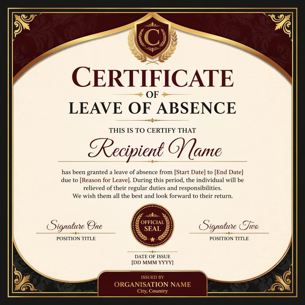 Landscape A4 certificate template in black, gold, and burgundy with classic border, heading, body text, signatures, date