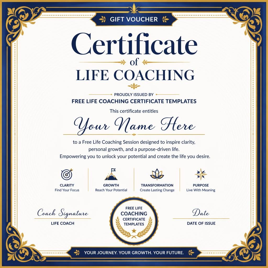Modern minimal gift voucher certificate template in royal blue and gold with decorative frame, heading, signature lines, date