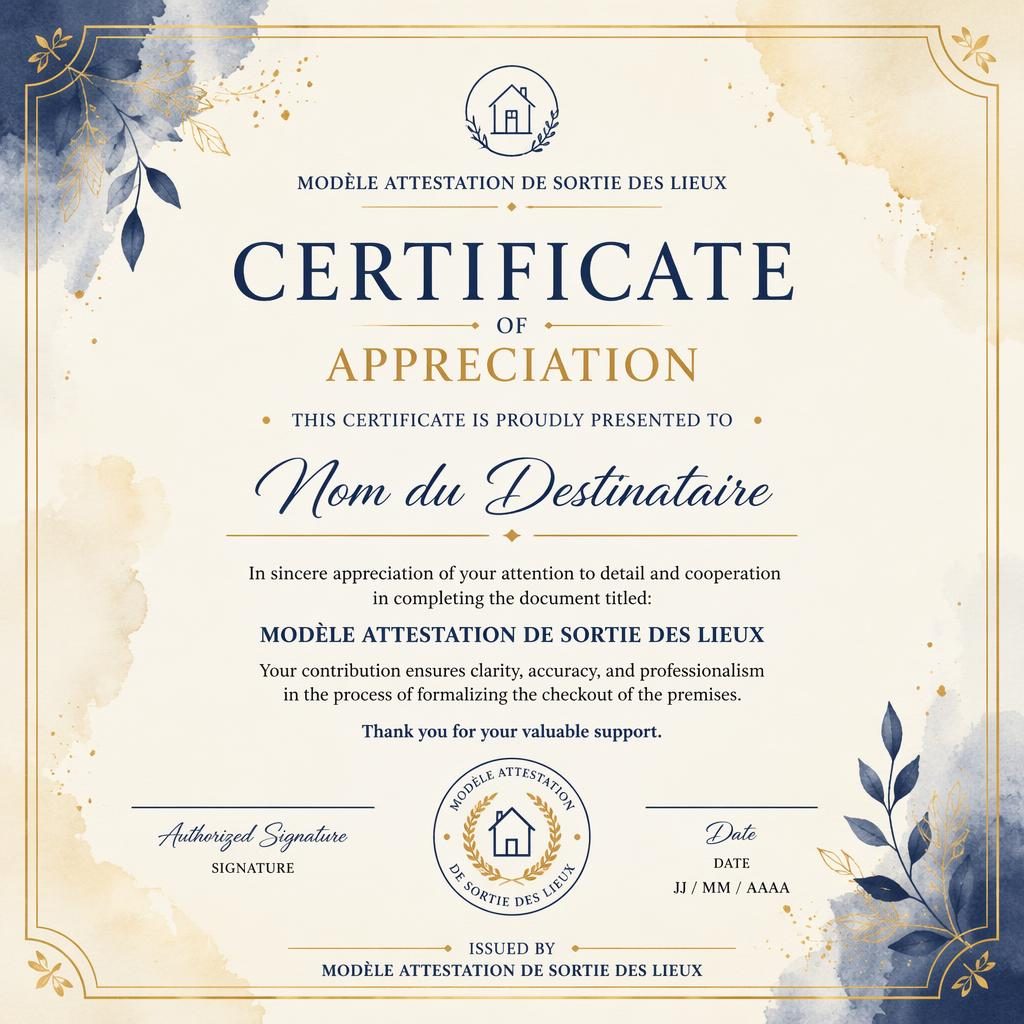 Modèle de certificat d’appréciation A4 paysage, aquarelle crème, or et marine, bordure fine, signature et date.
