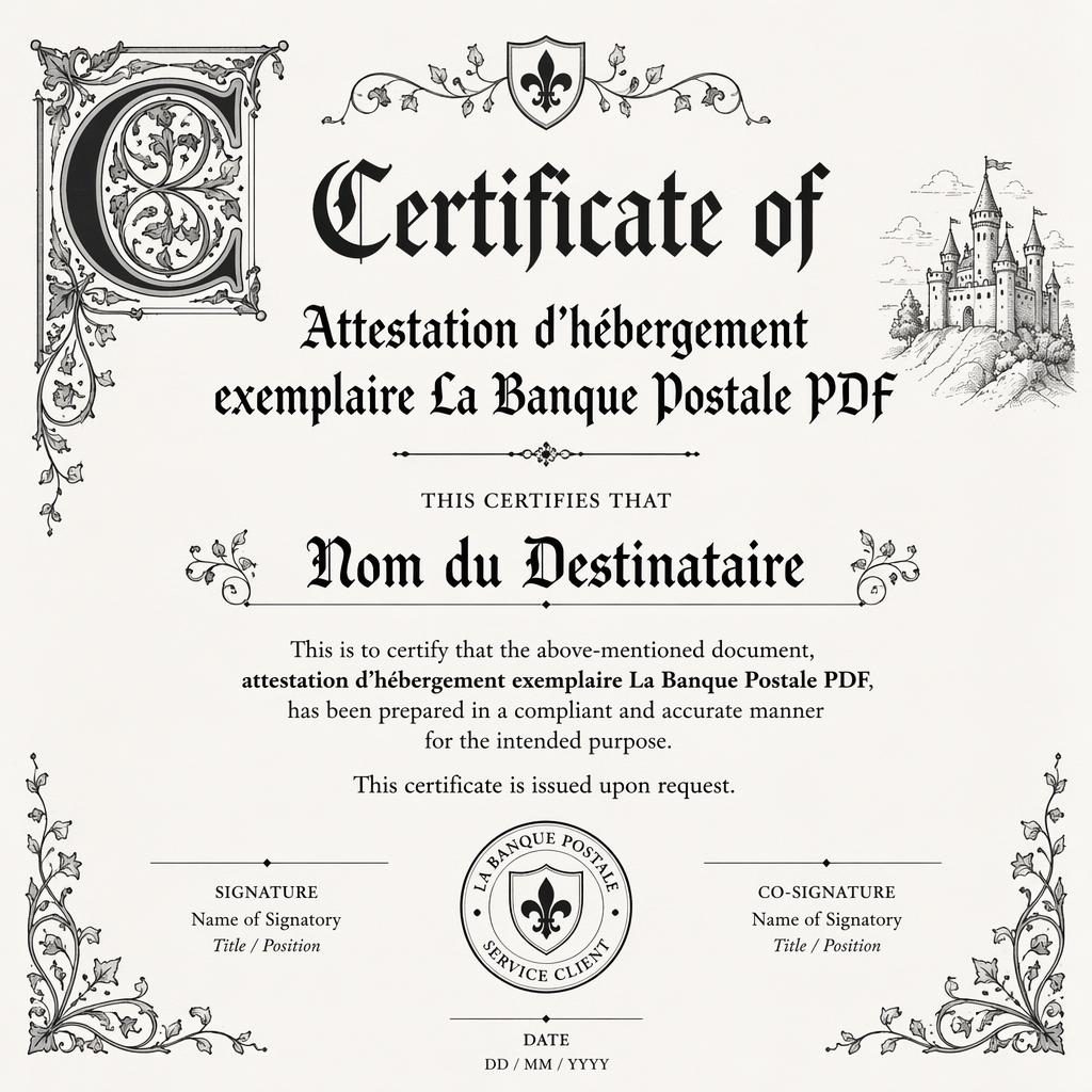 Modèle de certificat sportif A4 paysage, style enluminure médiévale monochrome, titre central, signature, date et sceau