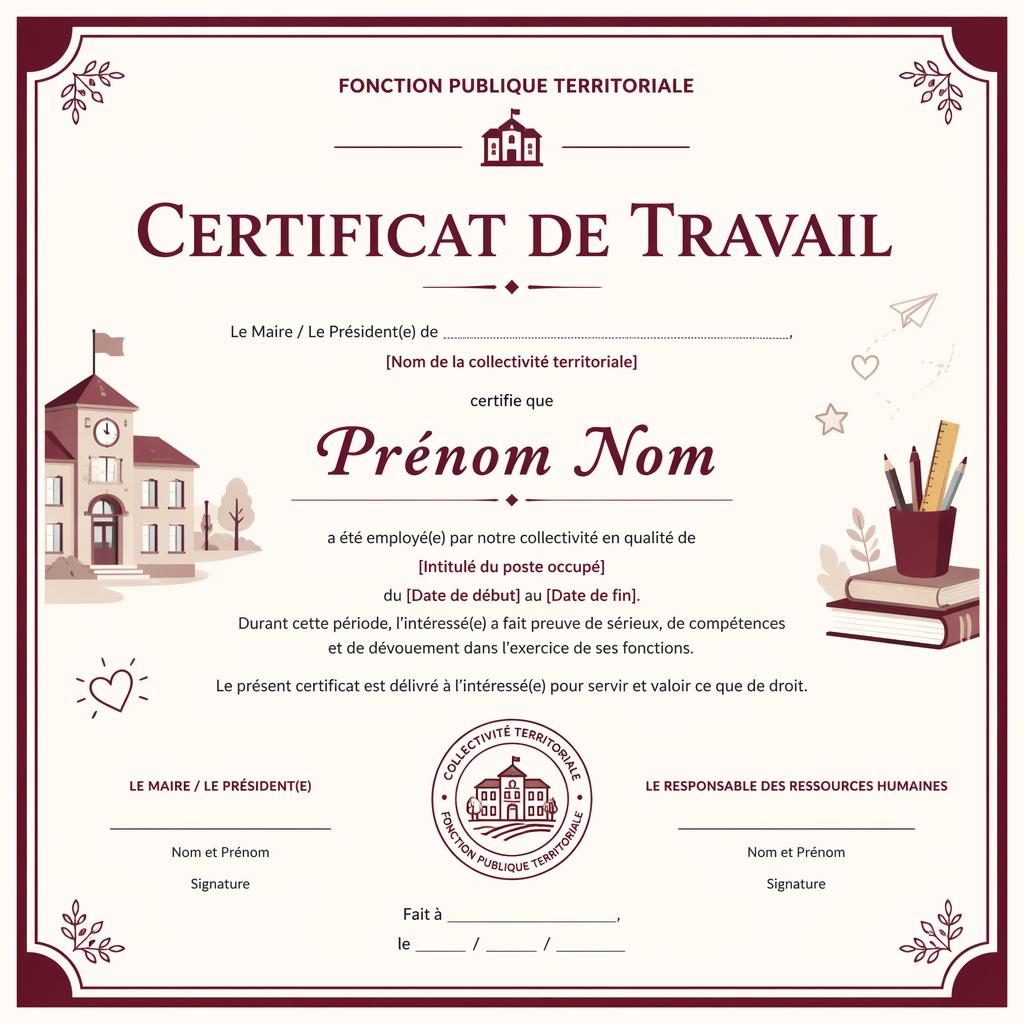 Modèle de certificat paysage A4, bordure classique bordeaux, titre central, nom, texte, signatures, date et sceau.
