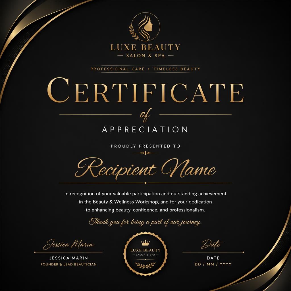 Landscape A4 certificate template in black and gold with elegant heading, recipient name, body text, signature lines, date, and seal.