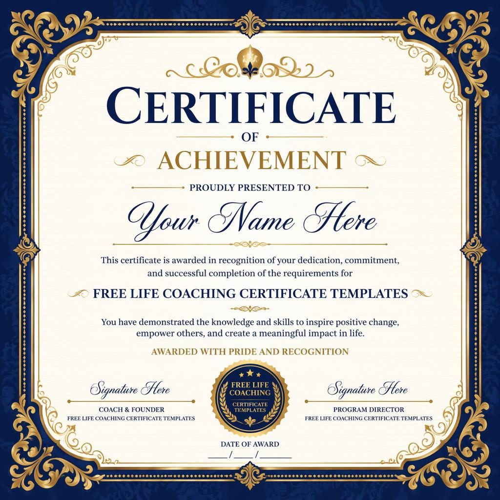 Classic ornate landscape certificate template with blue and gold frame, heading, recipient name, body text, signature lines.