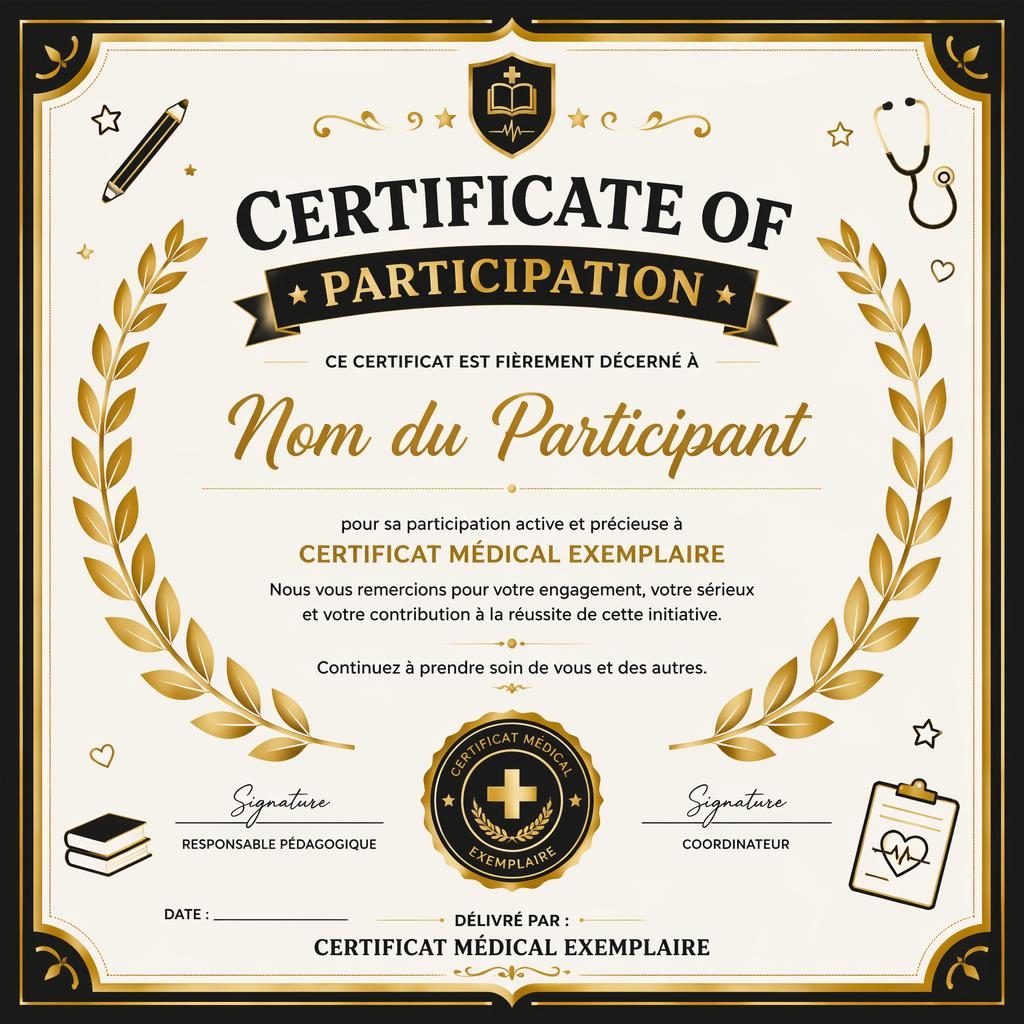 Modèle de certificat paysage A4 noir et or, style scolaire ludique, avec couronne de laurier, titre central et zones de signature.