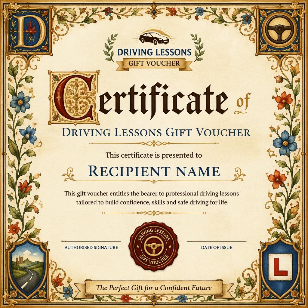 Landscape A4 medieval-style certificate template with floral watercolor border, heading, recipient name, signature lines, date