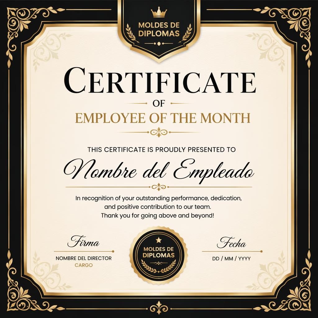 Plantilla de certificado A4 horizontal en negro y dorado, con borde ornamental, firma, fecha y sello.