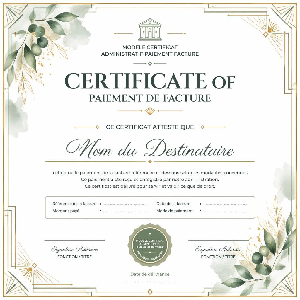 Modèle de certificat académique A4 paysage, bordure art déco vert sauge, style aquarelle, zones signature, date et sceau.
