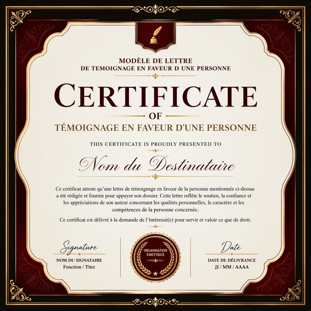 Template de certificat A4 paysage noir, or et bordeaux, avec bordure classique, titre central, zones signature et sceau.