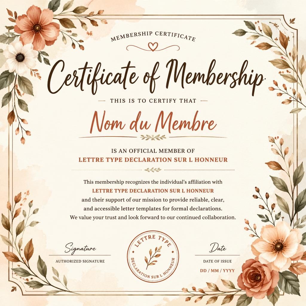Modèle de certificat d’adhésion A4 paysage, bordure florale aquarelle, palette terre chaude, signature et date