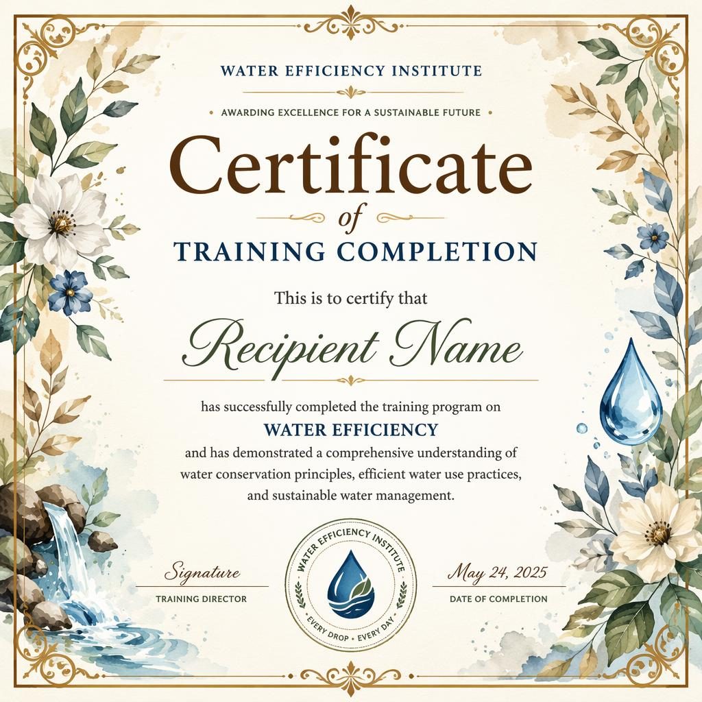 Landscape A4 training completion certificate template with ornate watercolor floral border, warm earth tones, signature lines, and seal
