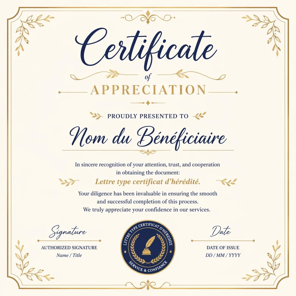 Modèle de certificat paysage A4 crème, or et marine, lettrage chaleureux, bordure fine, lignes de signature et sceau