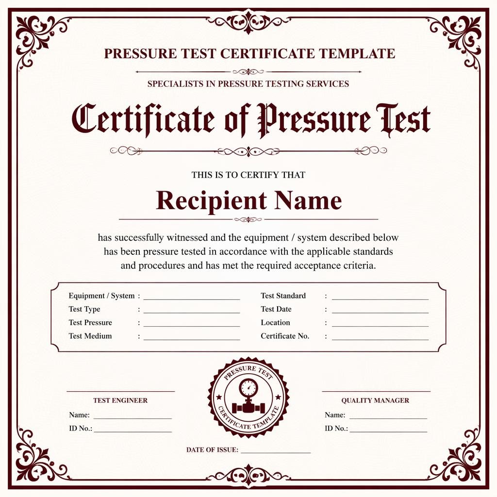 Landscape A4 pressure test certificate template with ornate double-line border, burgundy palette, heading, body text, signatures, date, and seal.