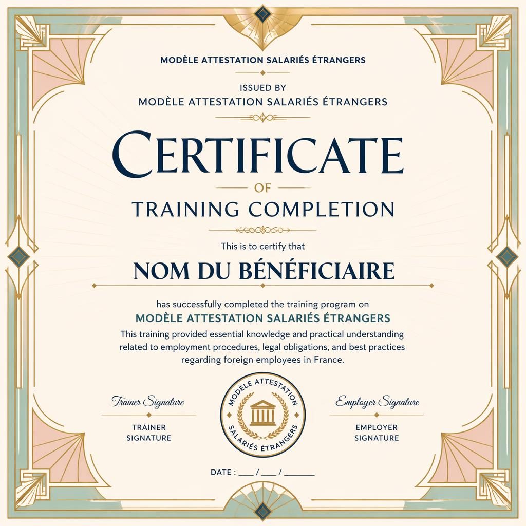 Certificat de fin de formation A4 paysage, bordure dorée Art déco, palette pastel, zone nom, texte, signatures et date