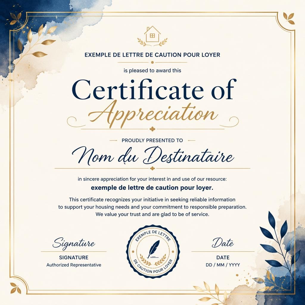 Modèle de certificat paysage A4 aquarelle crème, or et bleu marine avec bord fin, titre central, signature et sceau.