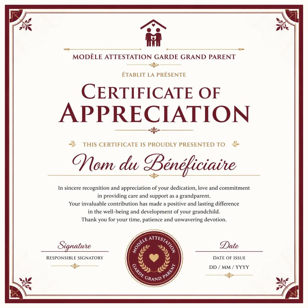 Modèle de certificat d’appréciation A4 paysage, palette bordeaux, double bordure classique, zones signature et date.