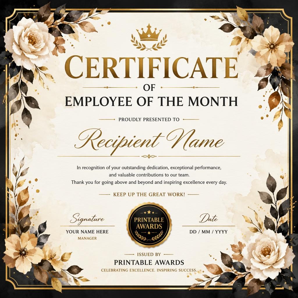 Luxury black and gold employee of the month certificate template with floral border, signature lines, date, and seal