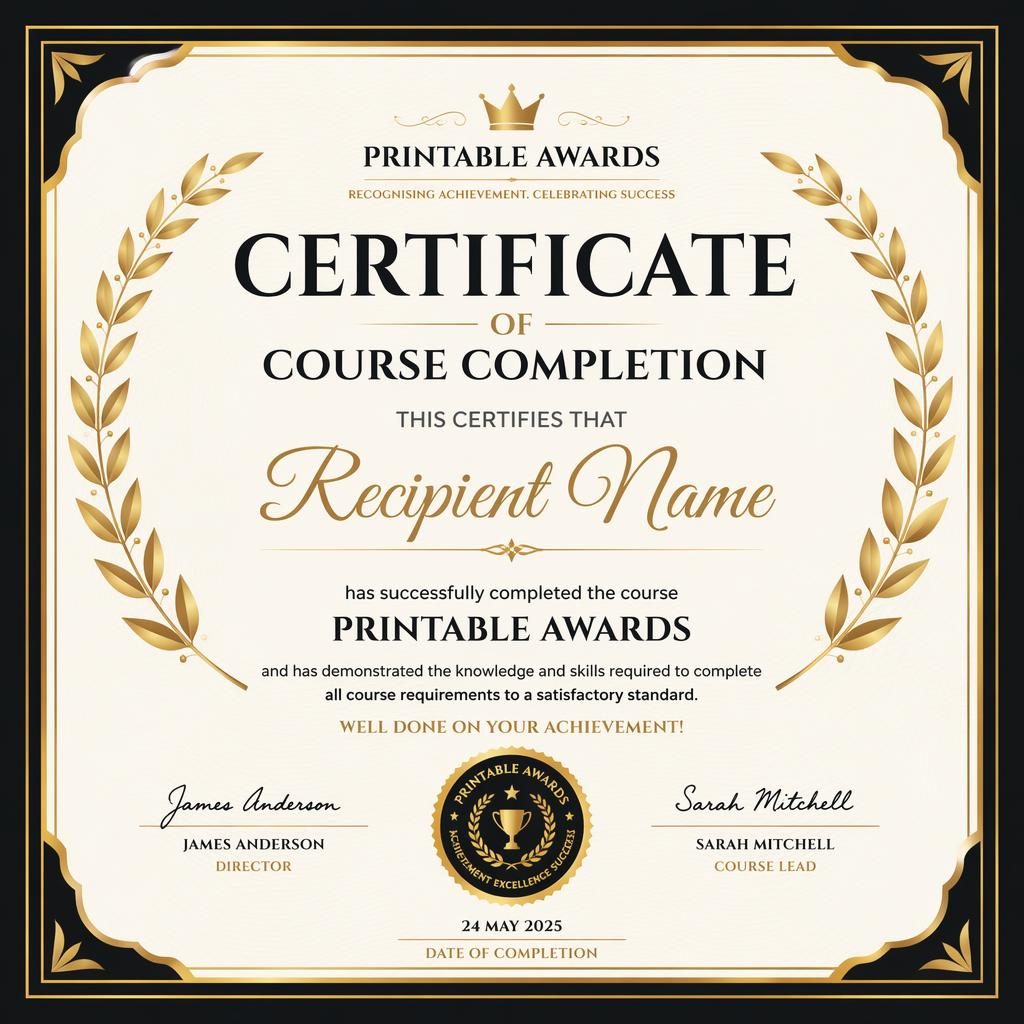 Landscape A4 course completion certificate template in black and gold with laurel border, signature lines, date, and seal.