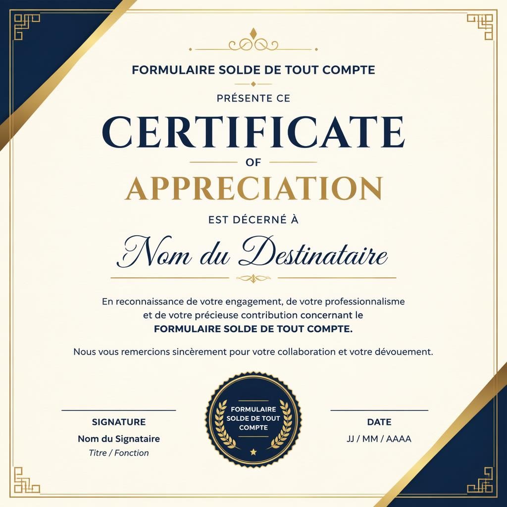 Modèle de certificat d’appréciation A4 paysage, bordure fine, palette crème or marine, signatures et date en bas.