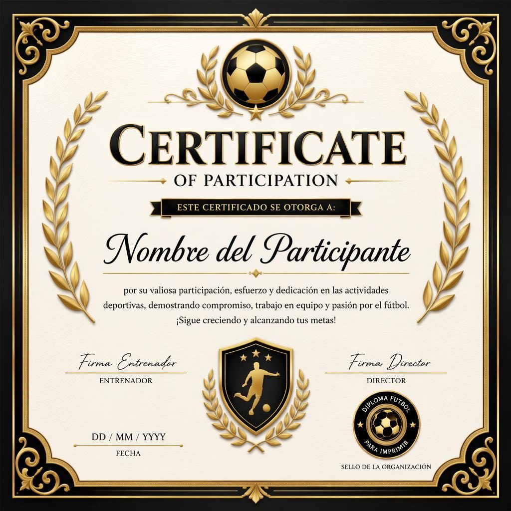 Plantilla de certificado horizontal A4 con marco ornamental, corona de laurel en negro y dorado, firmas y sello.