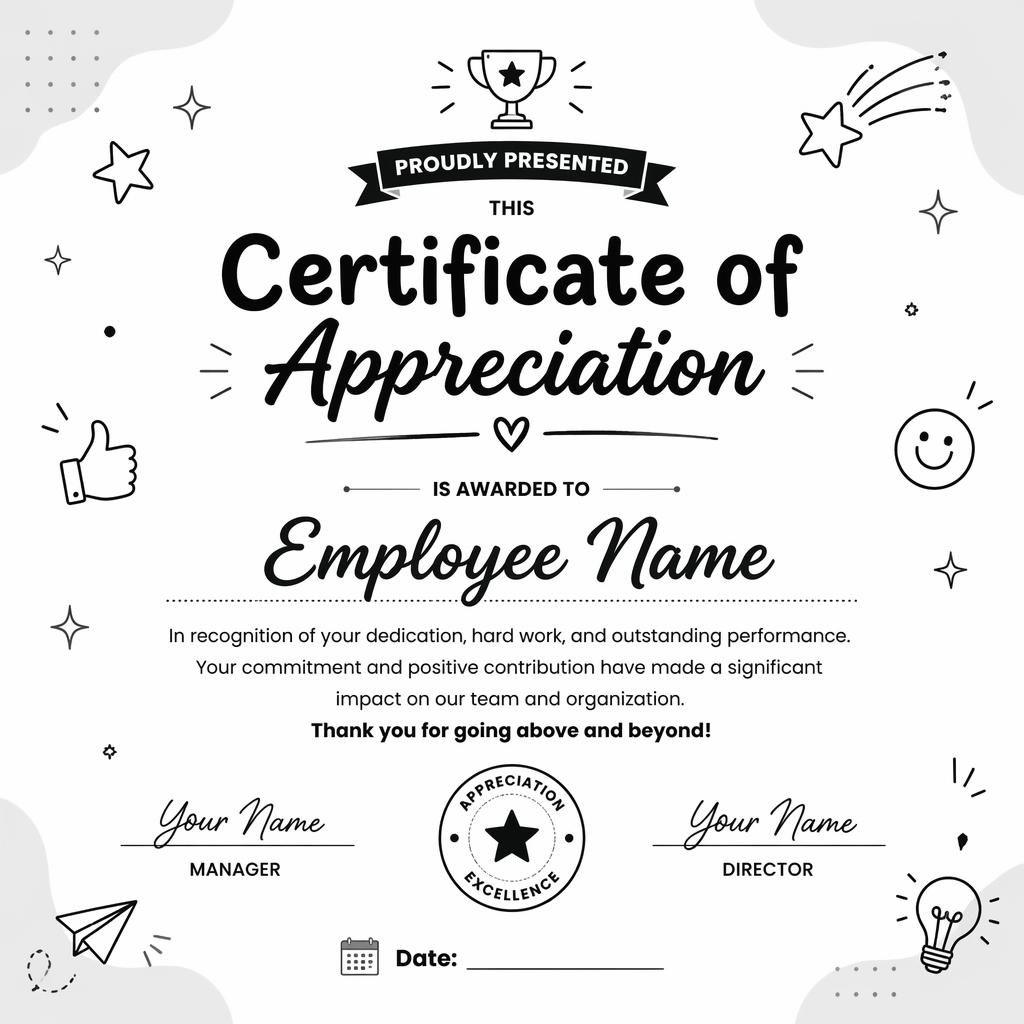 Landscape A4 monochrome participation certificate template with bold heading, recipient placeholder, body text, signature lines.