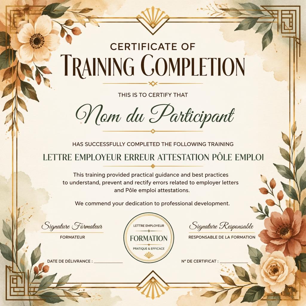 Modèle de certificat de formation paysage A4, style art déco, bord floral aquarelle, tons terre chauds, signature et sceau.