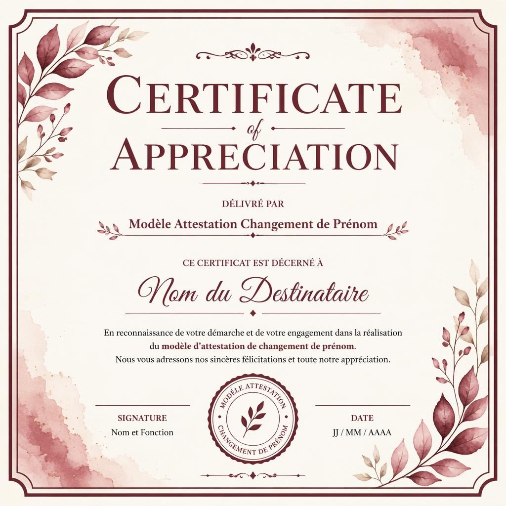 Certificat A4 paysage style aquarelle cosy, bordure bordeaux double ligne, titre central, signature, date et sceau.