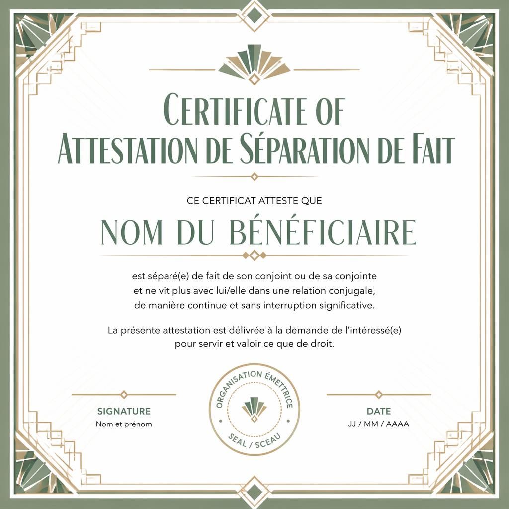 Certificat paysage A4 style art déco, bordure géométrique blanc et sauge, titre central, signature, date et sceau.
