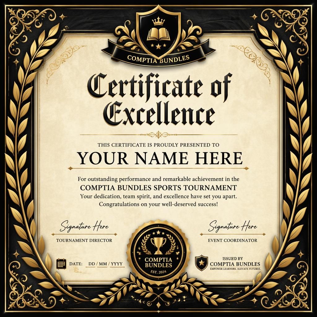 Landscape A4 sports tournament certificate template with medieval illuminated border, laurel wreath frame, black and gold design.
