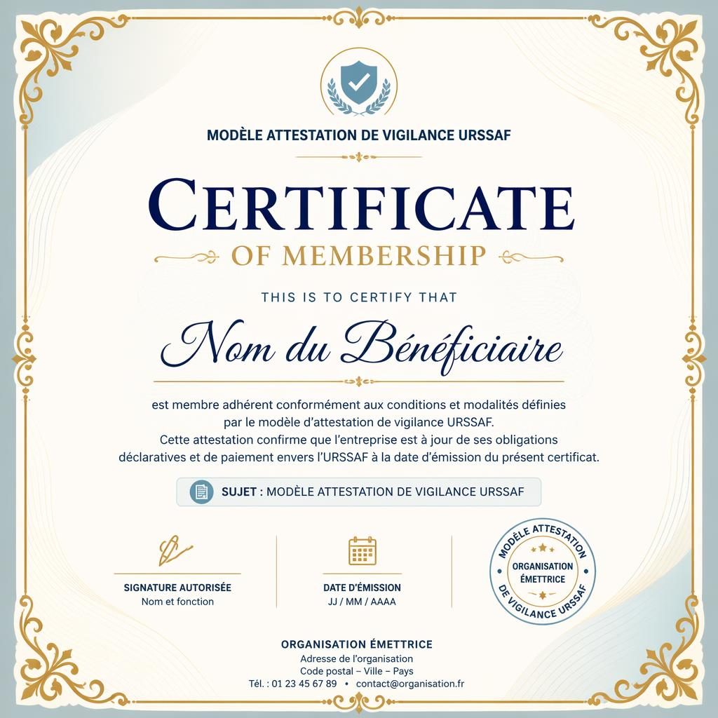 Template de certificat professionnel paysage A4 avec bordure dorée, palette pastel, titre central, signature et date.