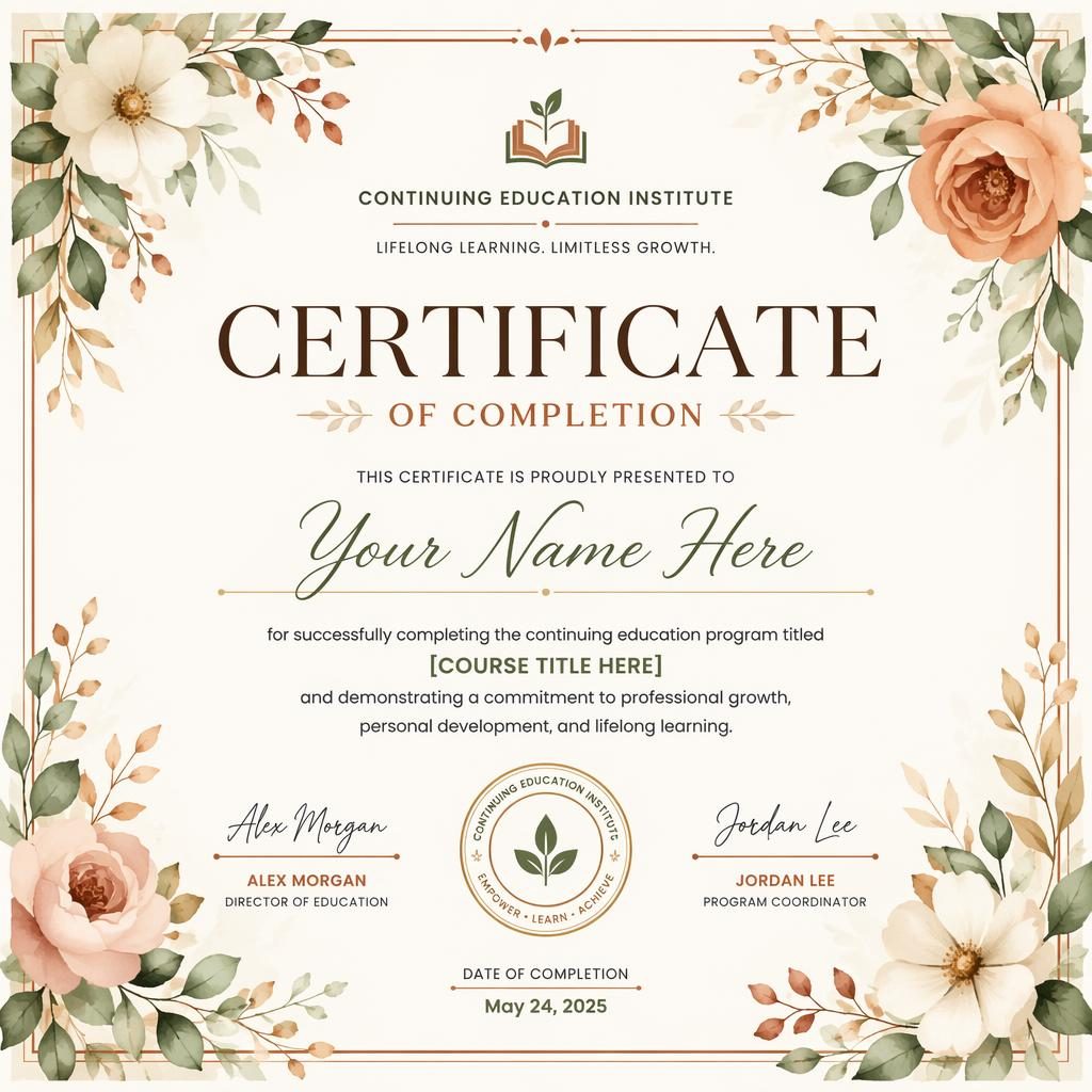 Landscape A4 certificate template with watercolor floral border, warm earth tones, heading, recipient name, body text, signature lines.